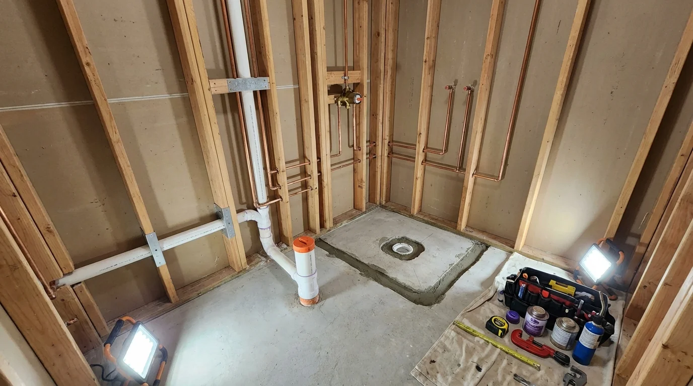 Bathroom rough-in plumbing during remodel by Johns Plumbing LLC in Simmesport