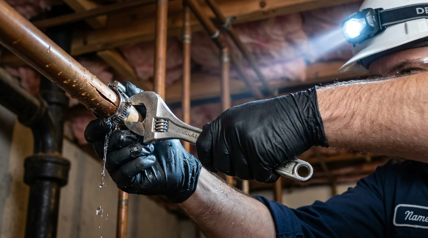 Emergency pipe clamp repair being performed by a Johns Plumbing LLC plumber in Simmesport