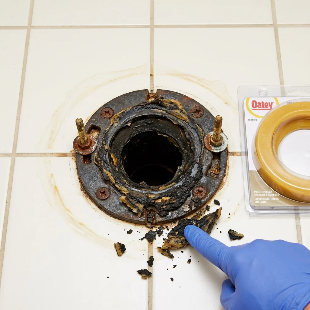 Failed wax ring showing water seepage at the base of a toilet in a Simmesport, LA home